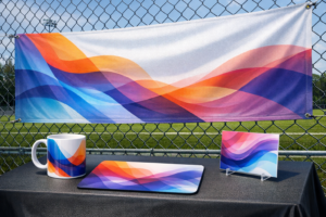 Ein leicht wehendes Mesh‑Banner mit abstrakten Farbflächen ist am Maschendrahtzaun eines Sportplatzes befestigt. Im Vordergrund steht ein schwarzer Tisch mit bedruckter Tasse, Mousepad und kleinem Schild, jeweils mit identischem abstraktem Motiv